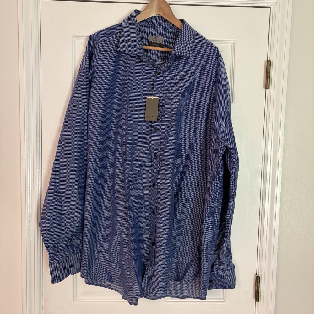 Canali Micro Print Men's 50 20.5 Modern Fit Blue Button Up Dress Shirt Exclusive - Picture 8 of 14